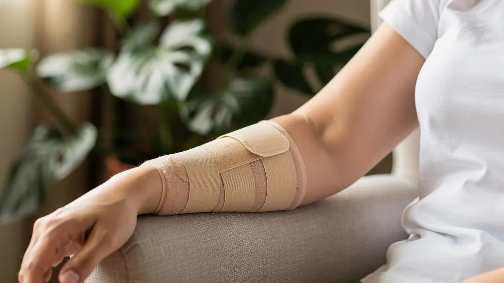 Bras avec bandage multicouche lymphœdème correctement posé, texture mousse visible