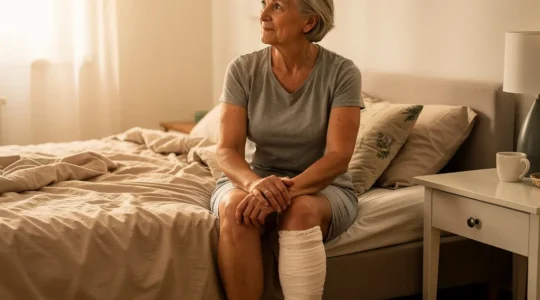 Femme au réveil avec bandage lymphœdème visible sur la jambe, ambiance calme