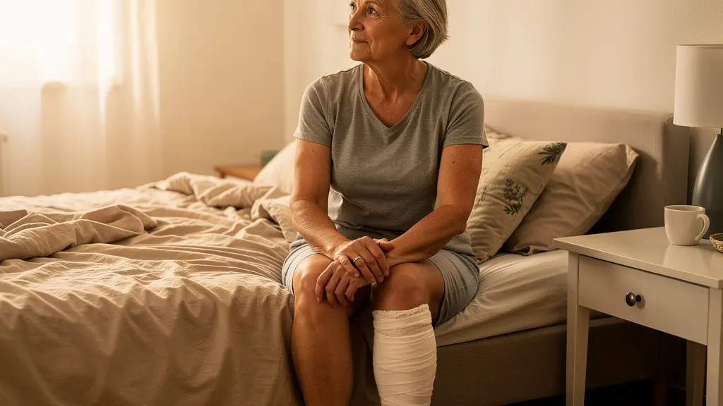 Femme au réveil avec bandage lymphœdème visible sur la jambe, ambiance calme